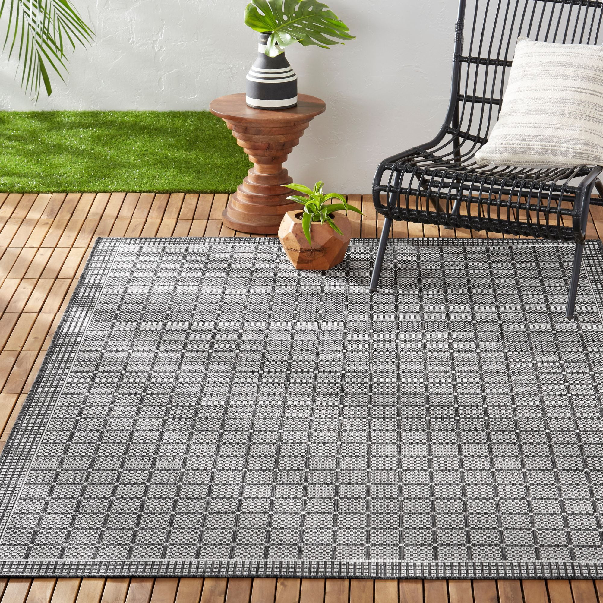 Nicole Miller New York Patio Country Luna Indoor/Outdoor Geometric Border Area Rug, Black/Gray, 5... | Walmart (US)