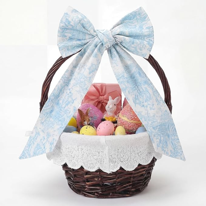 Qinyoung Easter Wicker Basket with Bow Large Blue Gift Basket with Handle Scallop Liner for Sprin... | Amazon (US)