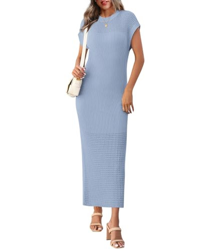 Yousify Knit Dresses for Women Trendy Round Neck Cap Sleeve Long Dress Casual Party Dress Light Blue M | Amazon (US)