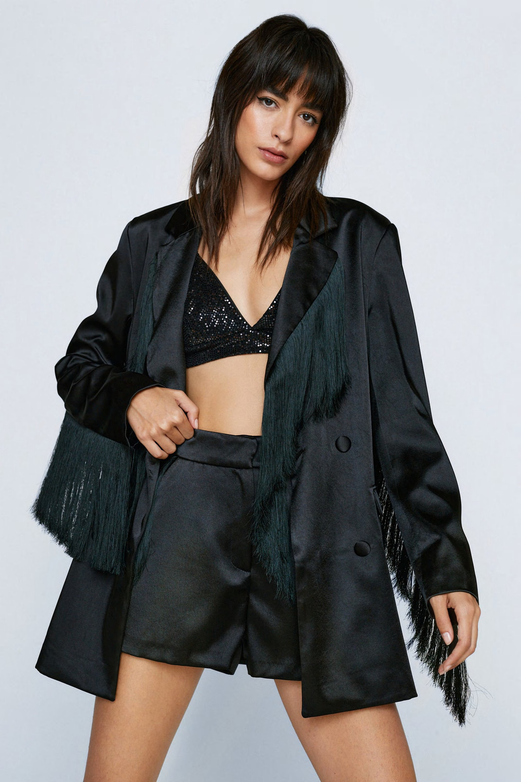 Premium Bonded Satin Fringe Blazer | Nasty Gal (US)