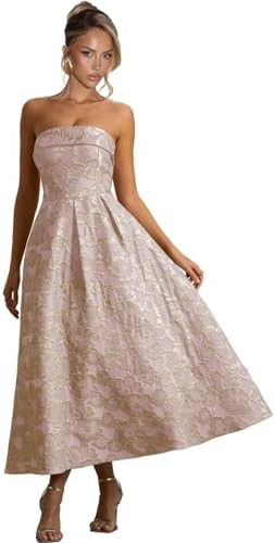 Jacquard Satin Prom Dresses for Women Tea Legnth Bridesmaid Dress Strapless Formal Party Gown | Amazon (US)