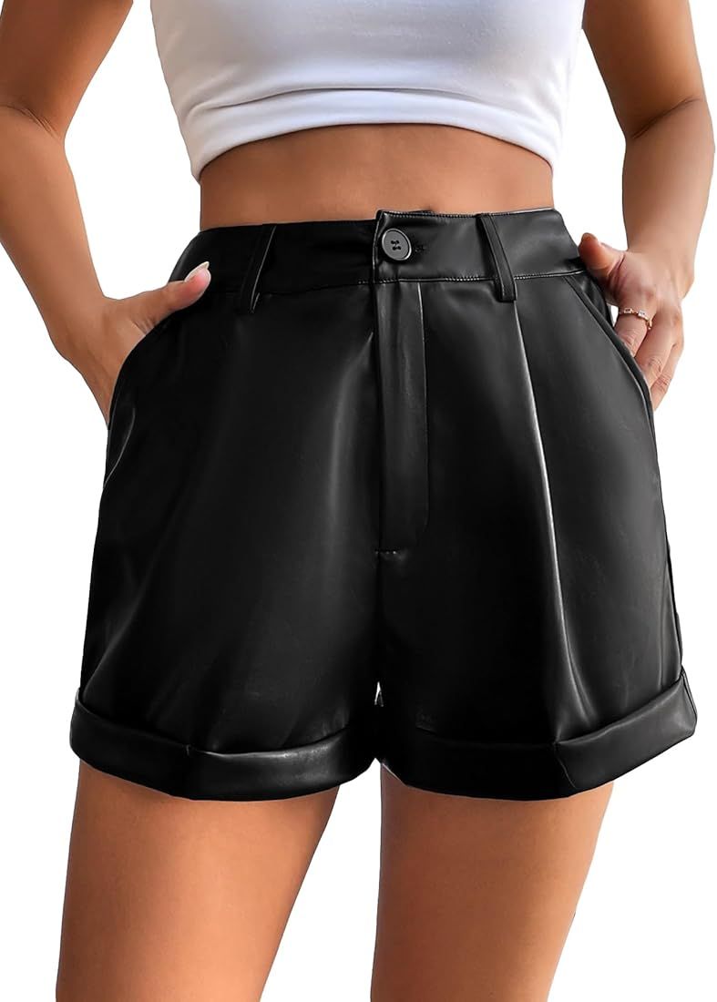 Milumia Women's PU Leather High Waist Straight Leg Shorts Roll Hem Shorts with Pockets | Amazon (US)