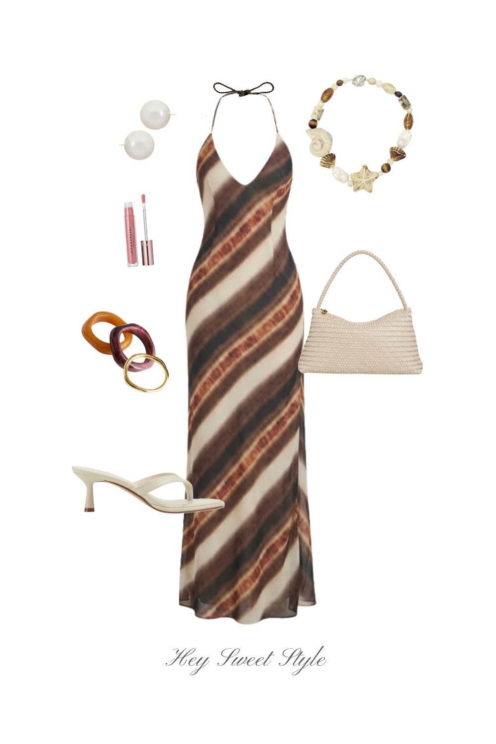 Vacation Outfit: Brown Stripe Halter Dress 🤎 

 