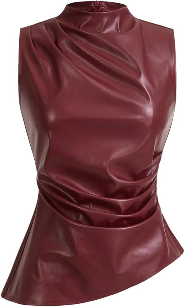 SHENHE Women's Mock Neck PU Leather Pleated Asymmetrical Sleeveless Fitted Dressy Tank Top | Amazon (US)