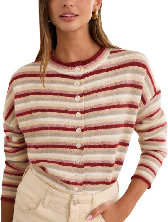 Lviefent Womens Striped Cardigan Lightweight Sweaters Crew Neck Button Down Long Sleeve Casual Kn... | Amazon (US)
