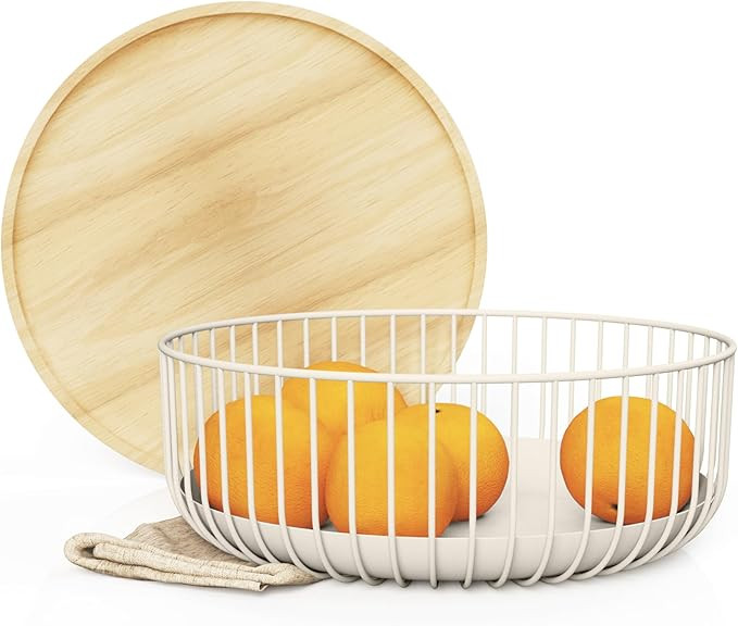 Fruit Basket for Kitchen - Multi-Purpose Stackable Basket with Wooden Lid - Powder Coated Metal a... | Amazon (US)
