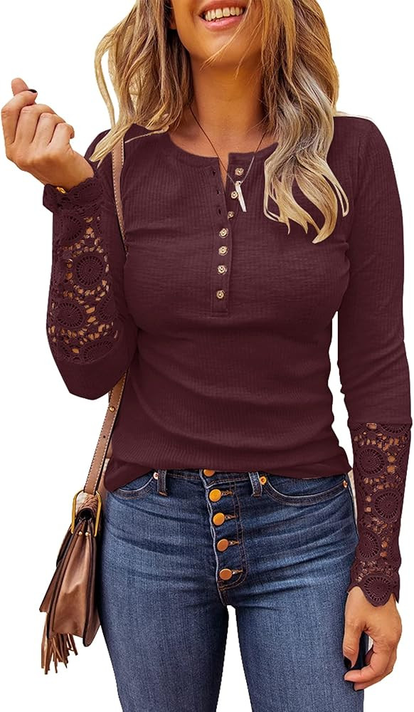 Limerose Women's Long Sleeve Lace Trim Tunic Tops Button Down Casual Blouse Cute Crew Neck Ribbed... | Amazon (US)