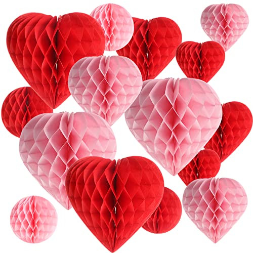 16 Pieces Valentine's Day Heart & Ball Tissue Paper Honeycomb Ball Love Heart Decoration Pom Poms... | Amazon (US)