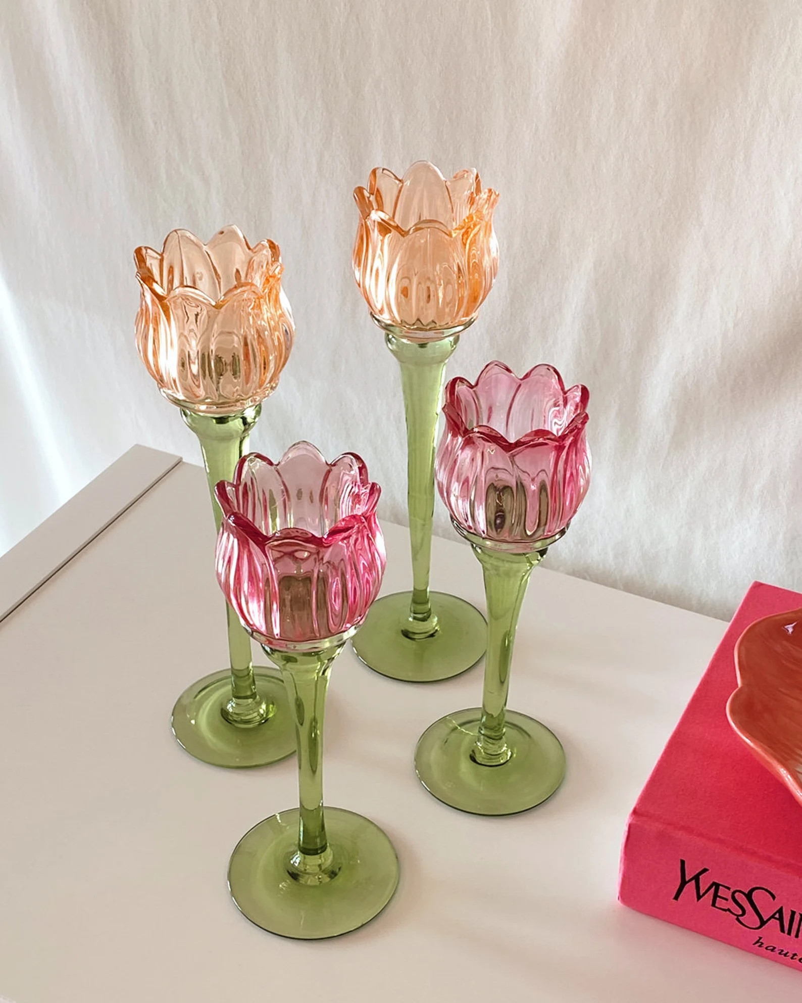 Tulip Flower Glass Candle Holder, Pink, Orange Flower-shaped Candlestick, Floral Decor, Mouth Blo... | Etsy (US)