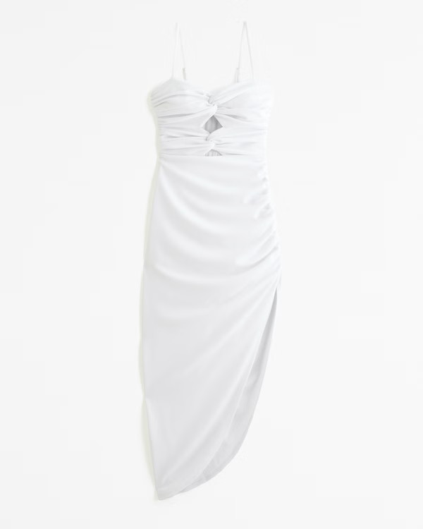 Women's Ruched Front Cutout Asymmetrical Midi Dress | Women's New Arrivals | Abercrombie.com | Abercrombie & Fitch (US)