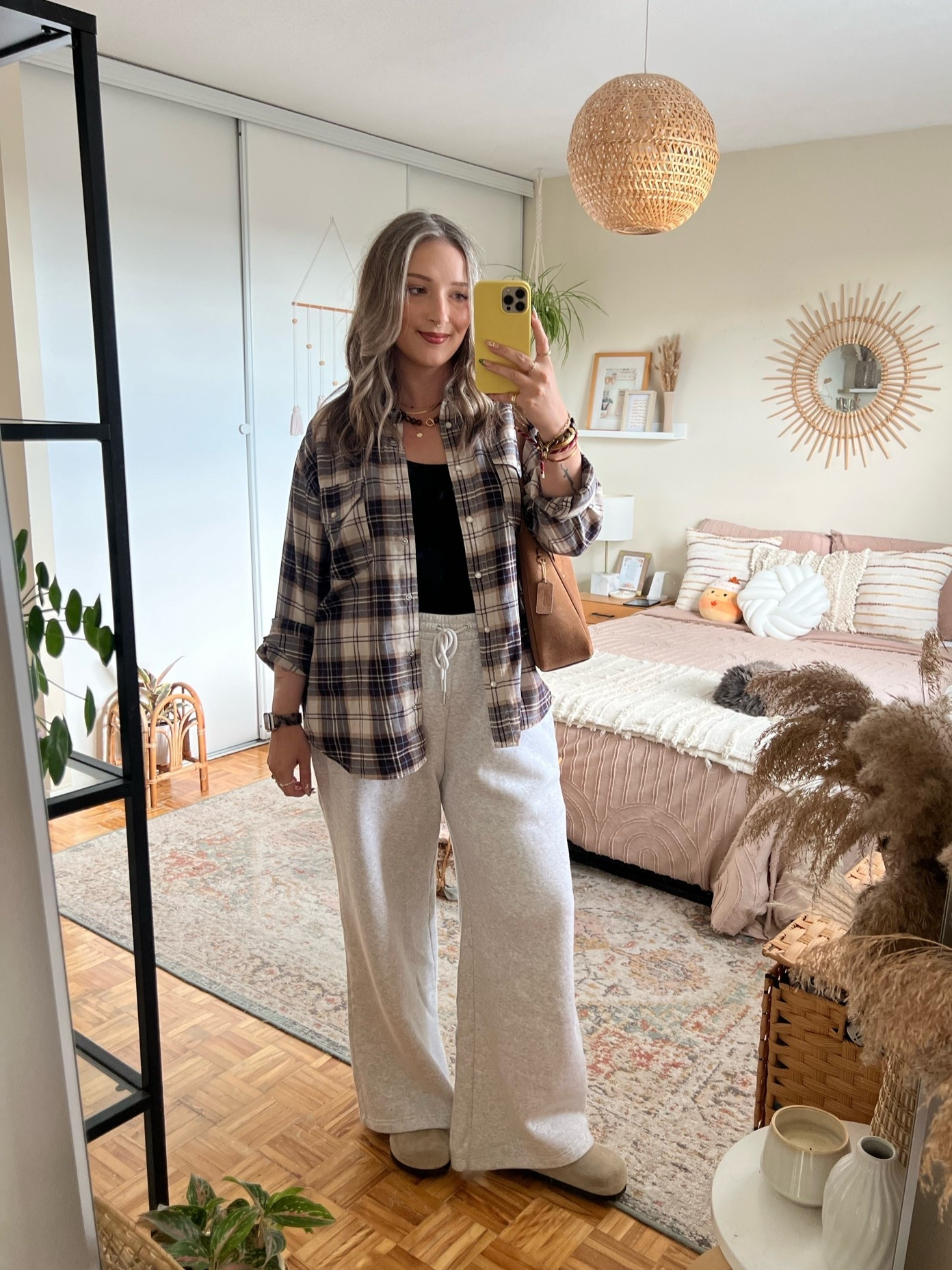 Comfy fall outfit idea! Sized up to XL in the plaid flannel shirt for an oversized fit. Wearing L in the tank top but should have done M (exact Canadian tank link under “similar products”) Wearing L in the wide leg sweatpants. I’m a 9.5-10 shoe and wear a 40 in the Birkenstock Bostons

#LTKfall #LTKsale #LTKmidsize