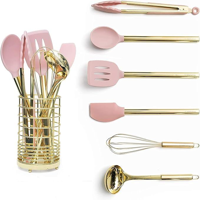 Gold & Pink Kitchen Utensil Set with Holder - Pink Cooking Utensils:Gold Whisk,Gold Ladle,Pink Sp... | Amazon (US)