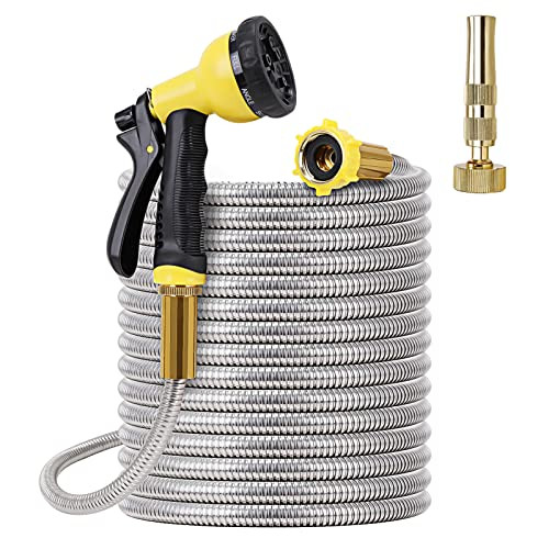FOXEASE Metal Garden Hose 50FT - Stainless Steel Heavy Duty Water Hose with Metal Nozzle & 8 Function Sprayer, Portable & Lightweight Kink Free Yard Hose, Outdoor Hose | Amazon (US)