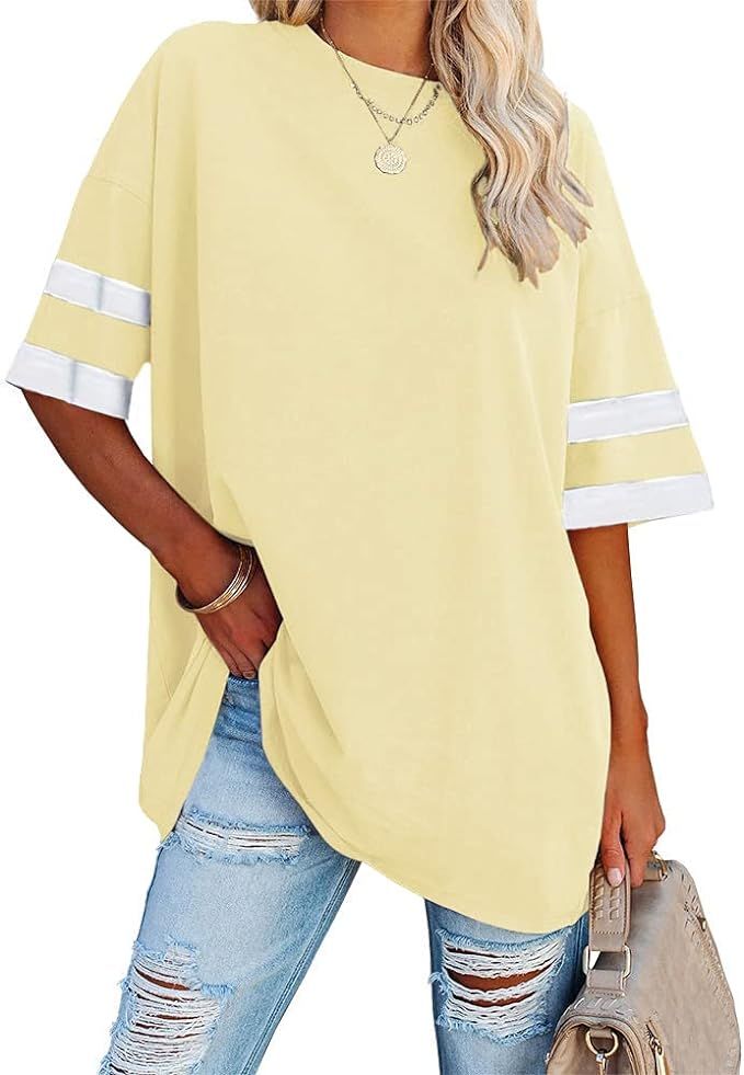 Fisoew Womens Oversized Tees Loose T Shirts Half Sleeve Crew Neck Color Block Cotton Tunic Tops | Amazon (US)