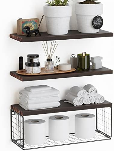 WOPITUES Floating Shelves Wall Mounted, Rustic Wood Bathroom Shelves Over Toilet with Paper Storage  | Amazon (US)