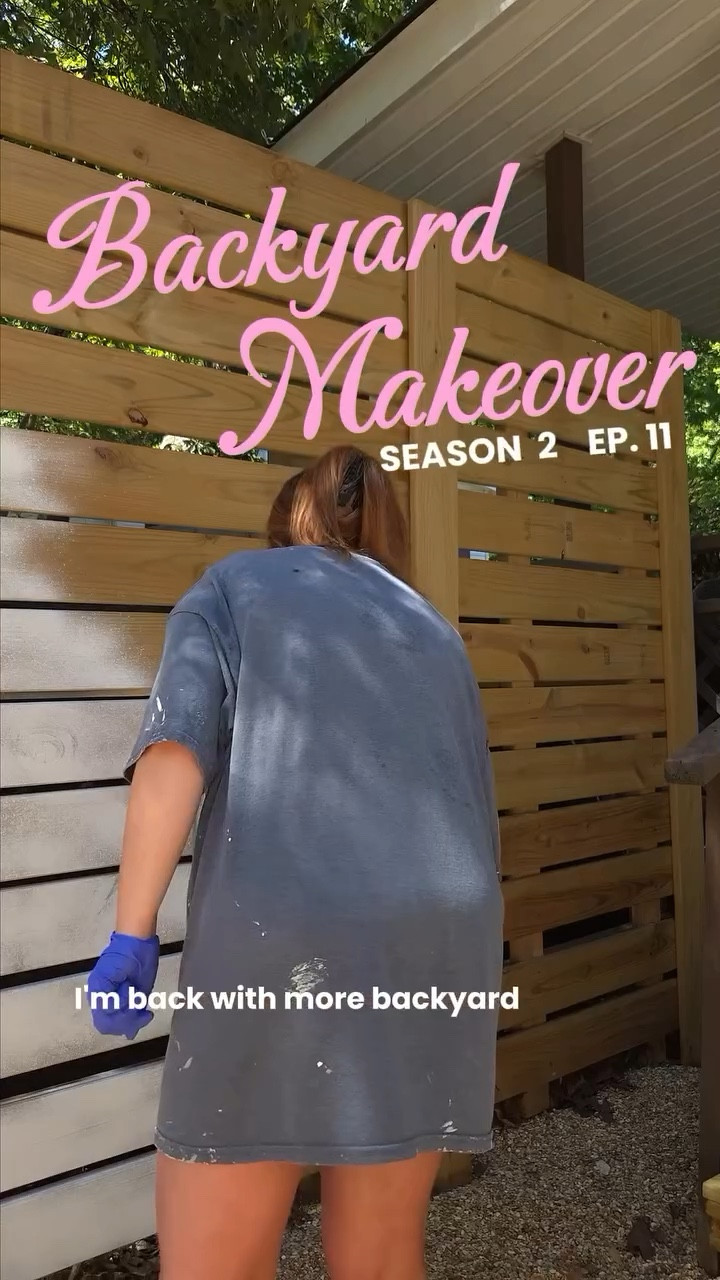 Season 2, Episode 11 of the Backyard Makeover! 🏡☀️💗 White fence is almost done! 🤍 #pooldeck #pinkpool #backyardrenovation #fencestaining #paintsprayer