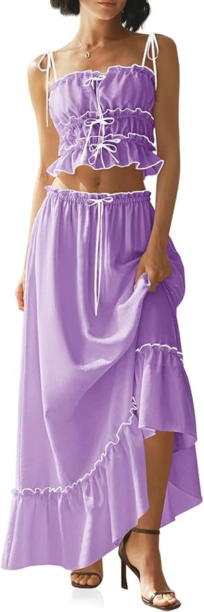 Wenrine Women's Summer 2 Piece Skirt Sets Casual Spaghetti Straps Cropped Cami Ruffle Maxi Skirt ... | Amazon (US)