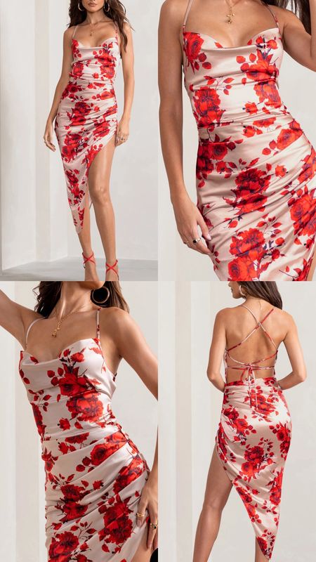 Floral satin dress. Champagne and red floral satin asymmetric hem midi dress. 
Summer, spring, date night out, brunch outfit, wedding, baby shower, special occasion. Under £50. Affordable fashion.  Wardrobe staple. Timeless. Gift guide idea for her. Luxury, elegant, clean aesthetic, chic look, feminine fashion, trendy look.
Club L London outfit idea.

#LTKparties #LTKfindsunder50 #LTKwedding