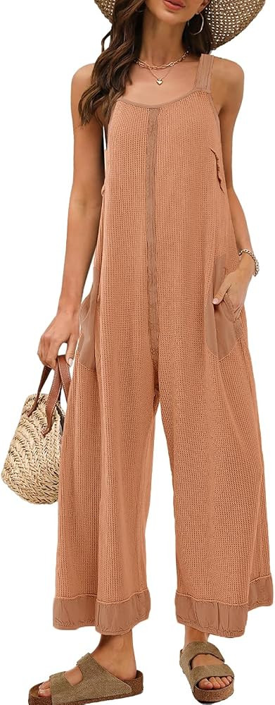 Panadila Womens Open Back Wide Leg Jumpsuits Sleeveless Waffle Knit Romper Loose Fit Overalls wit... | Amazon (US)