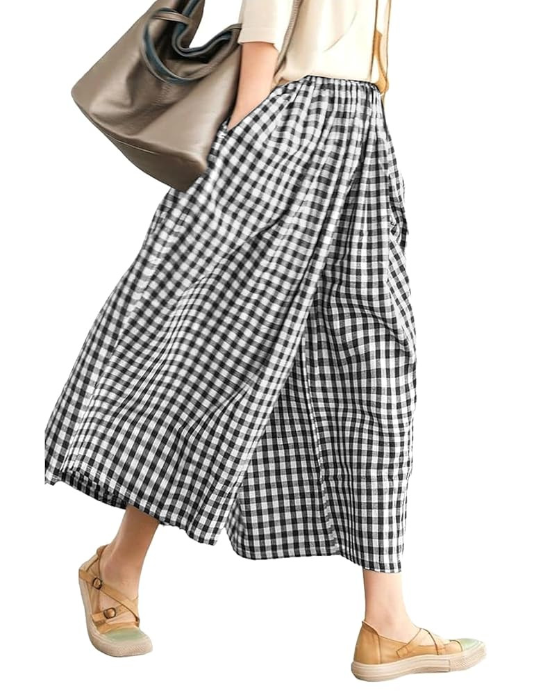 LOMON Womens Wide Leg Capri Pants Cotton Gingham Plaid Culottes Summer Elastic Waist Palazzo Trou... | Amazon (US)