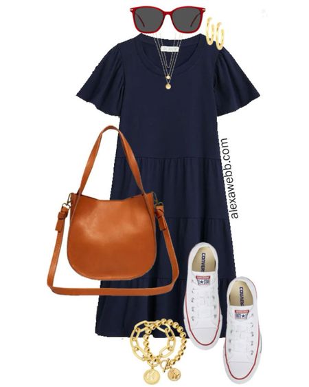 Plus Size Fourth of July Outfits - Navy Dress. A plus size Independence Day outfit idea with a navy blue dress, crossbody bag, and Converse sneakers by Alexa Webb.

#LTKPlusSize #LTKSeasonal #LTKStyleTip