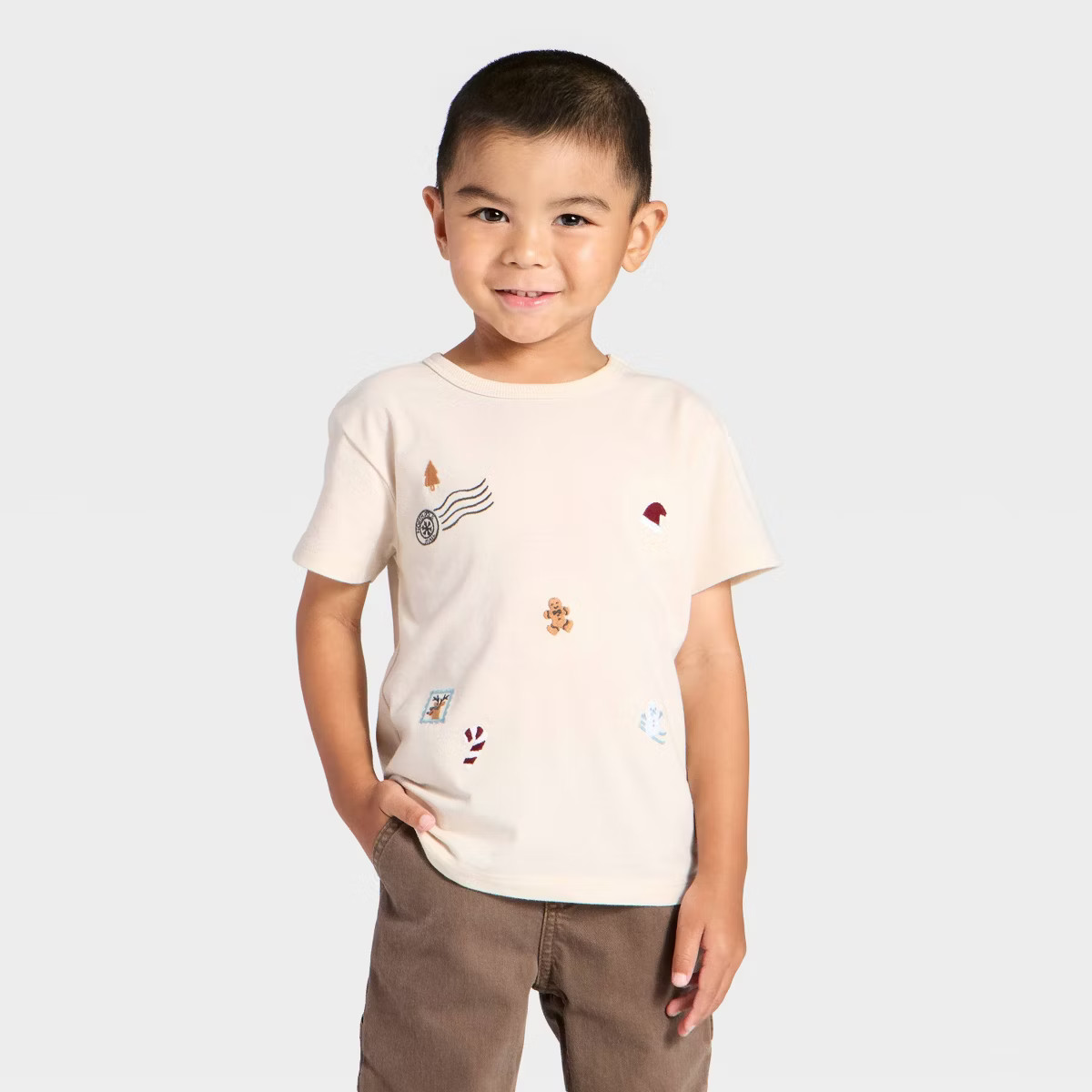 Toddler Boys' Short Sleeve Holiday Embroidered T-Shirt - Cat & Jack™ Beige 12M | Target
