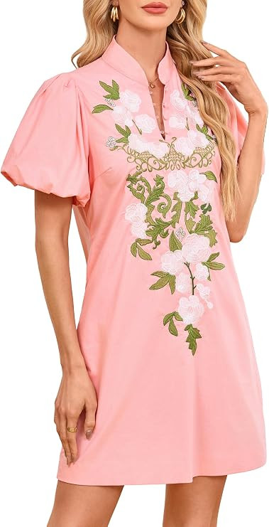 Women’s Floral Embroidered Shift Dress Puff Short Sleeve V Neck Mini Dress Casual Summer Tunic ... | Amazon (US)