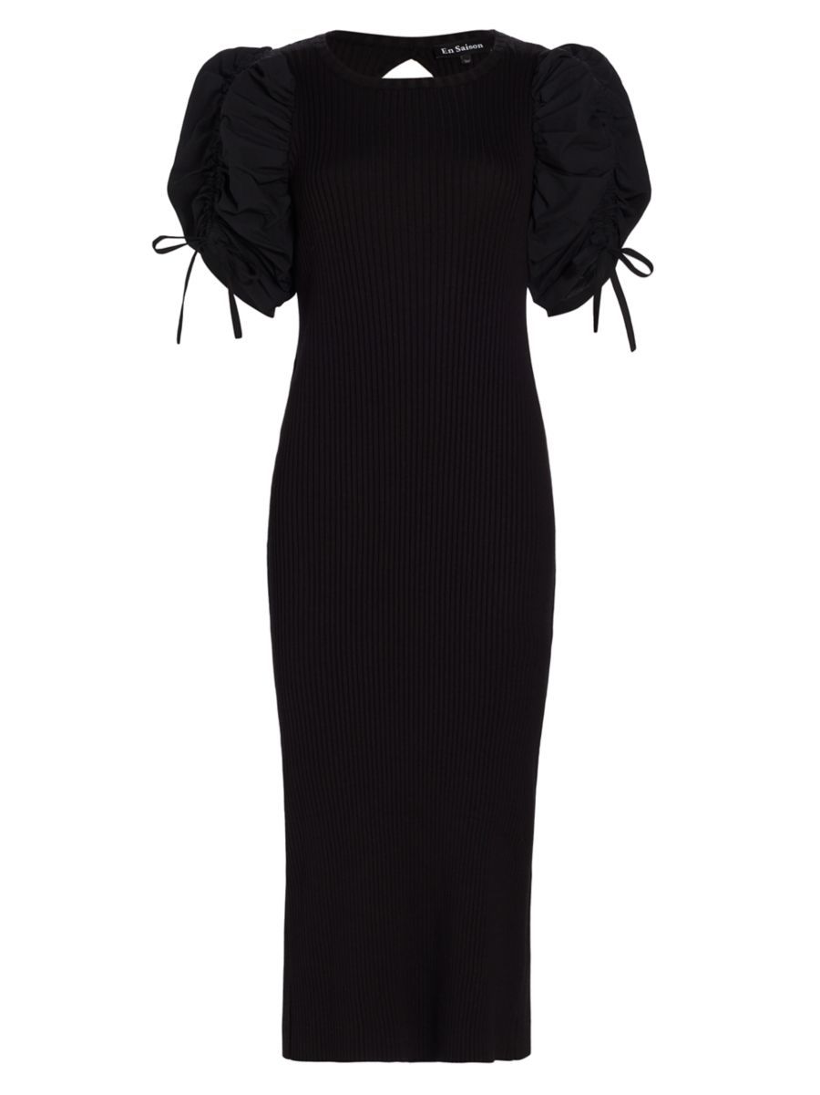 EN SAISON Maxime Drawstring Puff-Sleeve Rib-Knit Midi-Dress | Saks Fifth Avenue