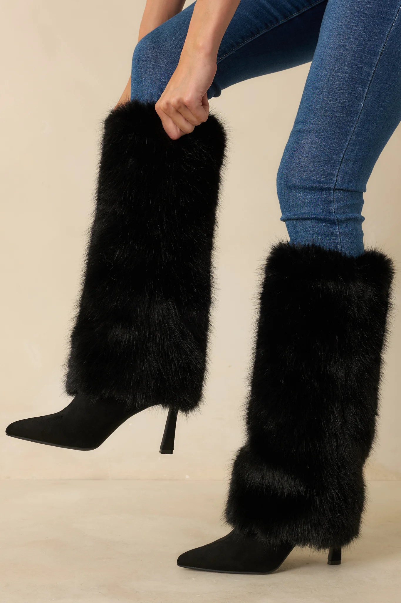 Fine Point Black Faux Fur and Suede Pointed Toe Stiletto Boots | Red Dress