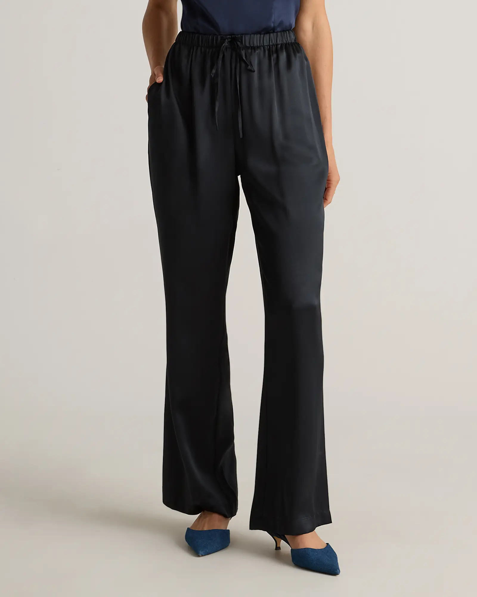 100% Washable Silk Drawstring Wide Leg Pants in Black | Quince