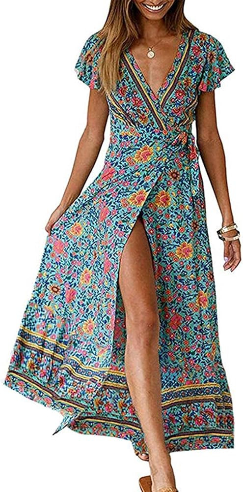 ZESICA Women's 2023 Bohemian Floral Printed Wrap V Neck Short Sleeve Split Beach Party Maxi Dress | Amazon (US)