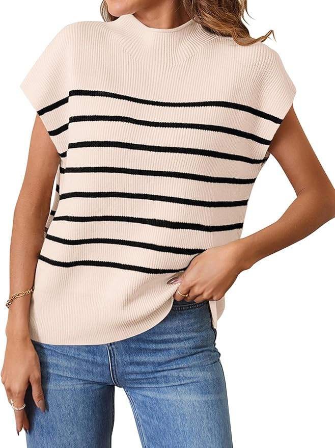 MEROKEETY Women's 2025 Sleeveless Mock Neck Striped Sweater Vest Cap Sleeve Ribbed Knit Pullover ... | Amazon (US)