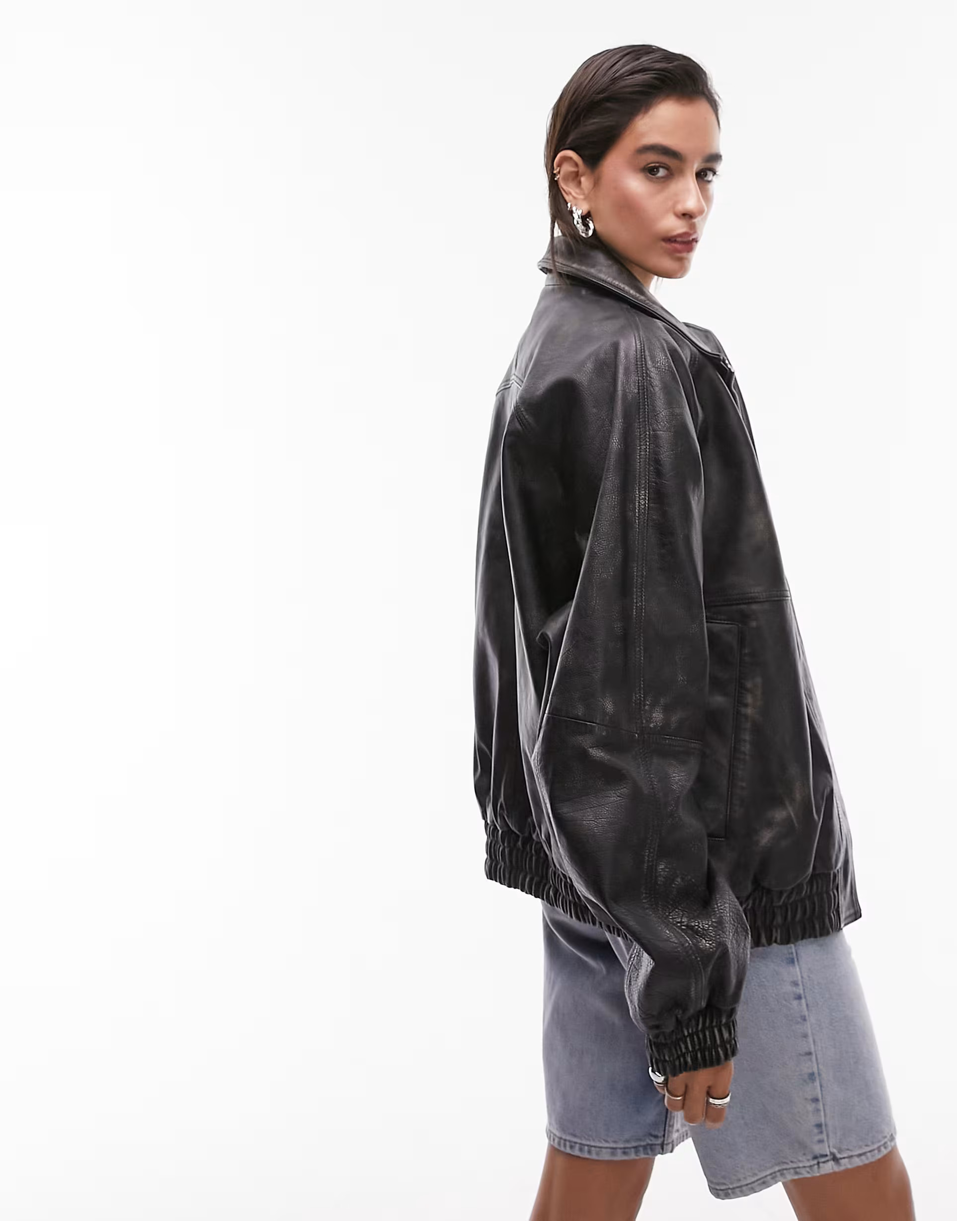 Topshop real leather washed 80s seam bomber jacket in washed black | ASOS (Global)