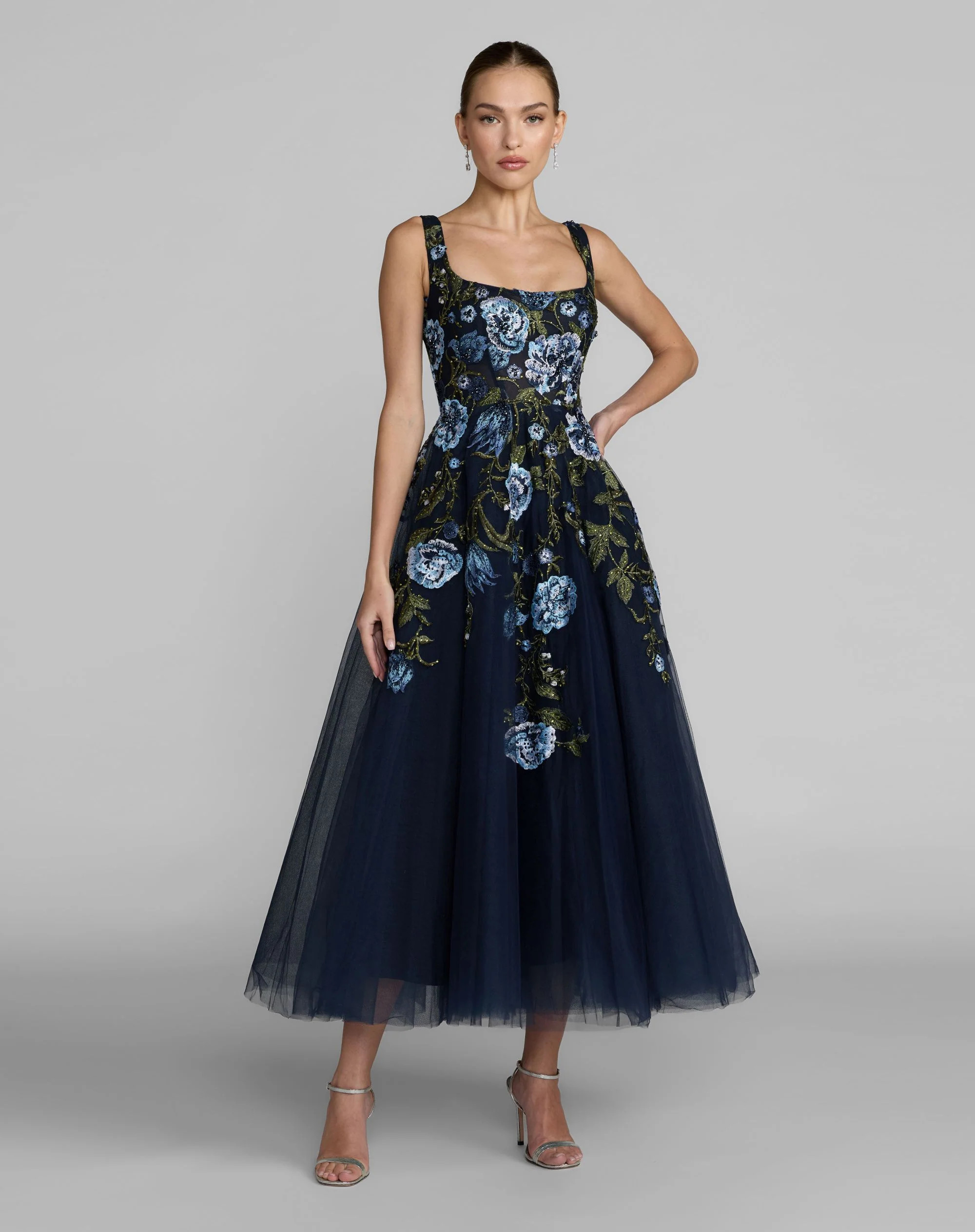 Navy Square Neck Embroidered A-Line Midi Dress | Mac Duggal | Mac Duggal