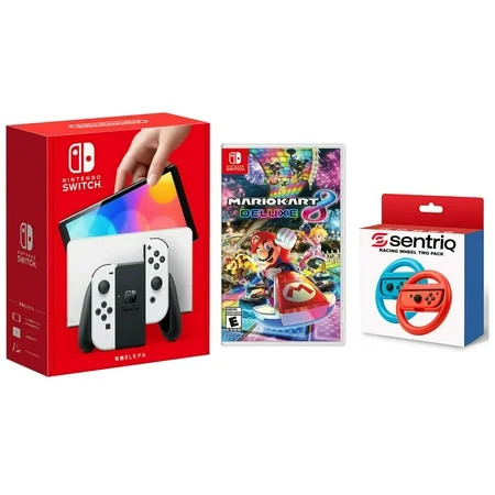 Nintendo Switch OLED White Edition Bundle with Mario Kart 8 Deluxe + Sentriq Racing Wheel Two Pack Joy Con Attachments - Japan Import with US Plug | Walmart (US)