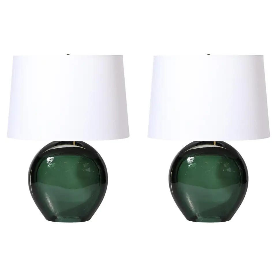 Modernist Handblown Smoked Viridian Green Murano Glass & Brass Table Lamps | 1stDibs