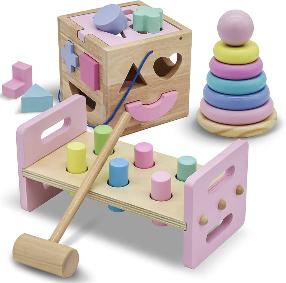 WALIKI Deluxe Wooden Toy Bundle for Girls | Pastel Pounding Bench, Shape Sorter Box & Rainbow Sta... | Amazon (US)