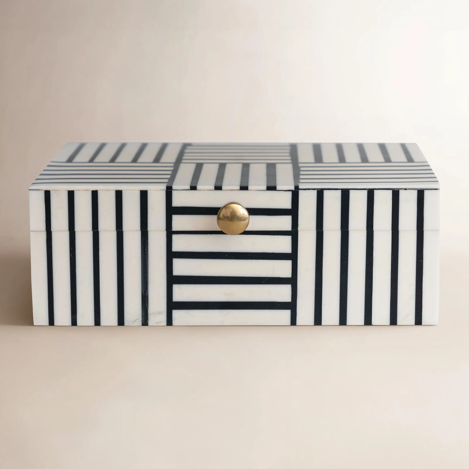 Jona Plastic Storage Box with Striped Block Pattern and Gold Knob | Joss & Main