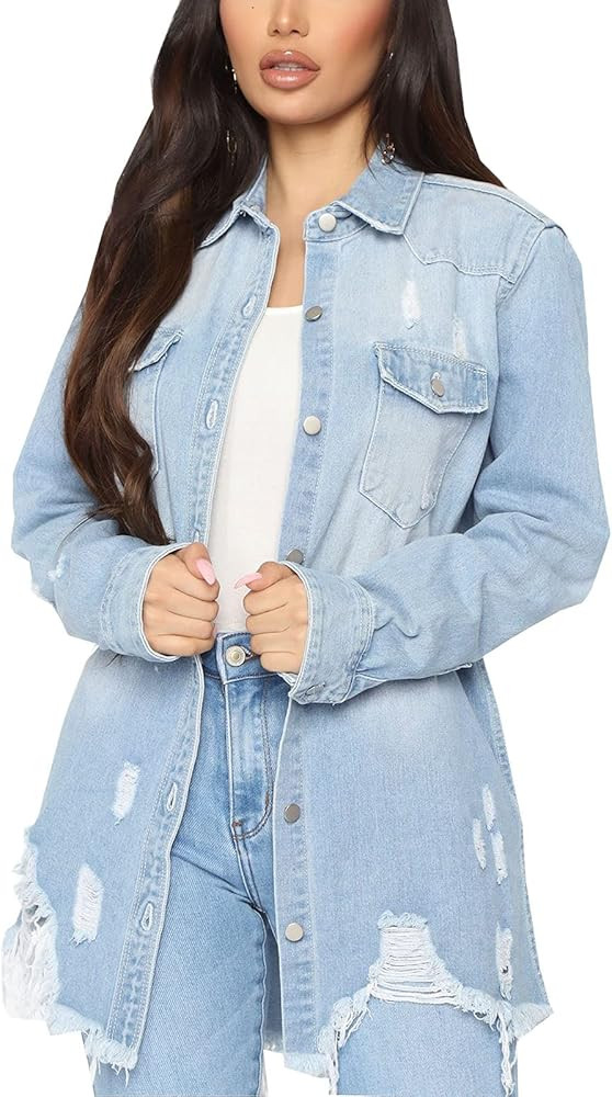 Women's Denim Jacket Classic Distressed Fray Hem Tassels Boyfriend Denim Trucker Jackets Outercoa... | Amazon (US)
