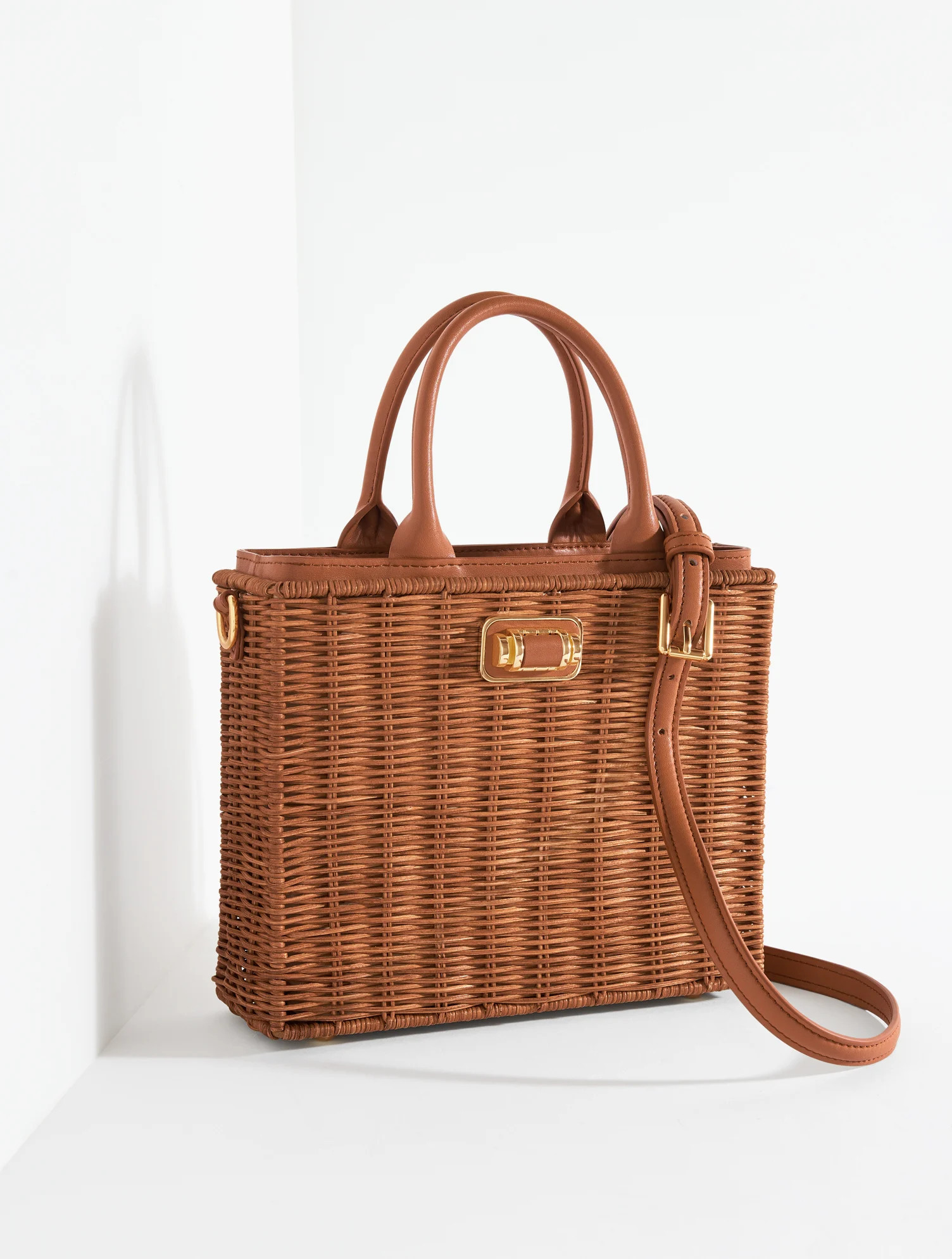 Wicker Leather Trim Top Handle Tote - Havana Tan - 001 Talbots | Talbots
