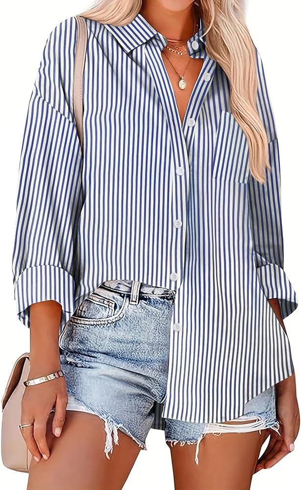 HOTOUCH Button Down Striped Shirts for Women Boyfriend Drop Shoulder Blouse Long Sleeve Oversized... | Amazon (US)