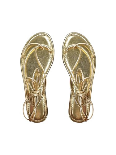 GORGLITTER Women's Gold Metallic Lace Up Sandals Strappy Open Toe Thong Tie Up Slides Gold 8 | Amazon (US)