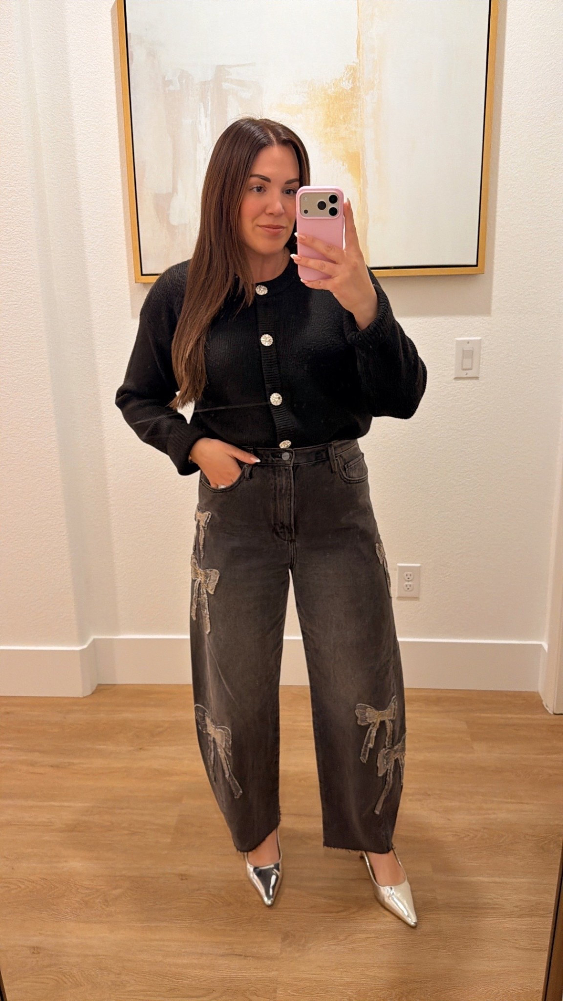 curvy midsize NYE look! wearing size xl in black embellished sweater and size 31 in black washed bow denim 🖤 

#LTKHoliday #LTKSeasonal #LTKMidsize