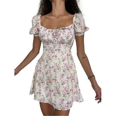 Women s Floral Puff Short Sleeve Mini Dress Drawstring Ruched Square Neck A Line Summer Short Dresse | Walmart (US)