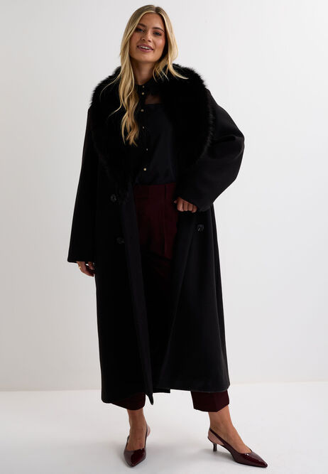 Womens Black Coat with Detachable Faux Fur Collar | Peacocks