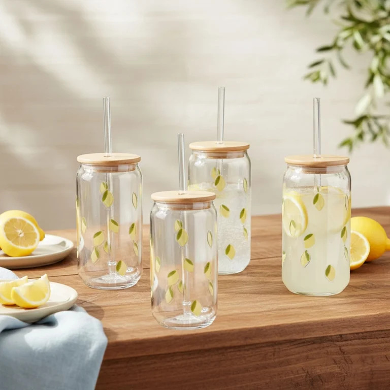Just Feed Me by Jessie James Decker 4-Piece 18oz Embossed Lemon Can Sipper Tumbler with Straw Set | Walmart (US)
