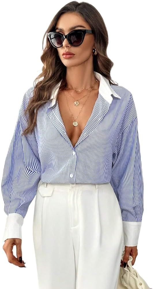 Womens Tops Striped Print Drop Shoulder Shirt - Casual Long Sleeve Button Front Shirt | Amazon (US)