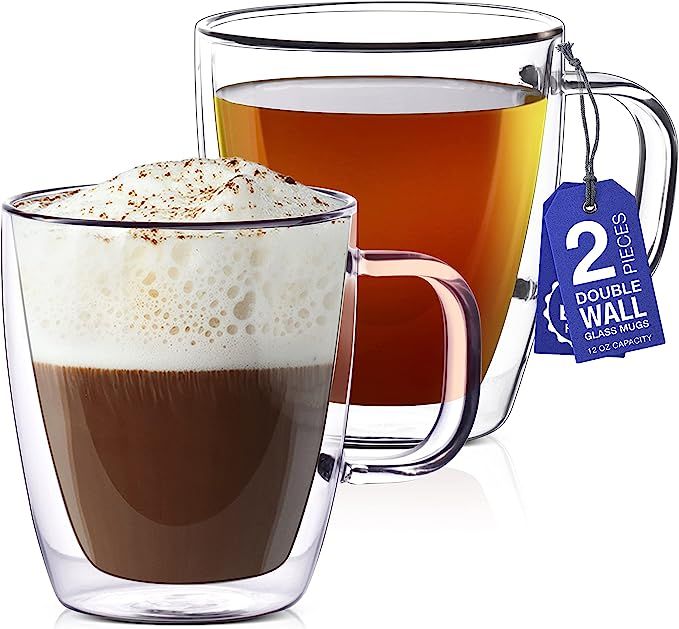 12 oz Glass Coffee Mugs - Set of 2 - Clear Double Wall Glasses - Insulated Glassware With Handle ... | Amazon (US)