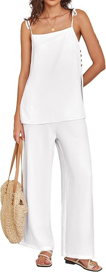 ANRABESS 2 Piece Sets for Women Summer Casual Lounge Spaghetti Strap Top Wide Leg Pants Set Vacat... | Amazon (US)