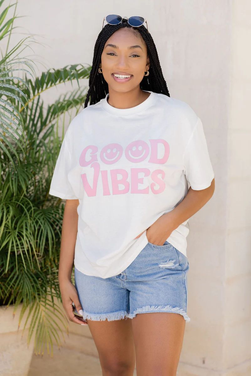 Good Vibes White Oversized Graphic Tee | Pink Lily